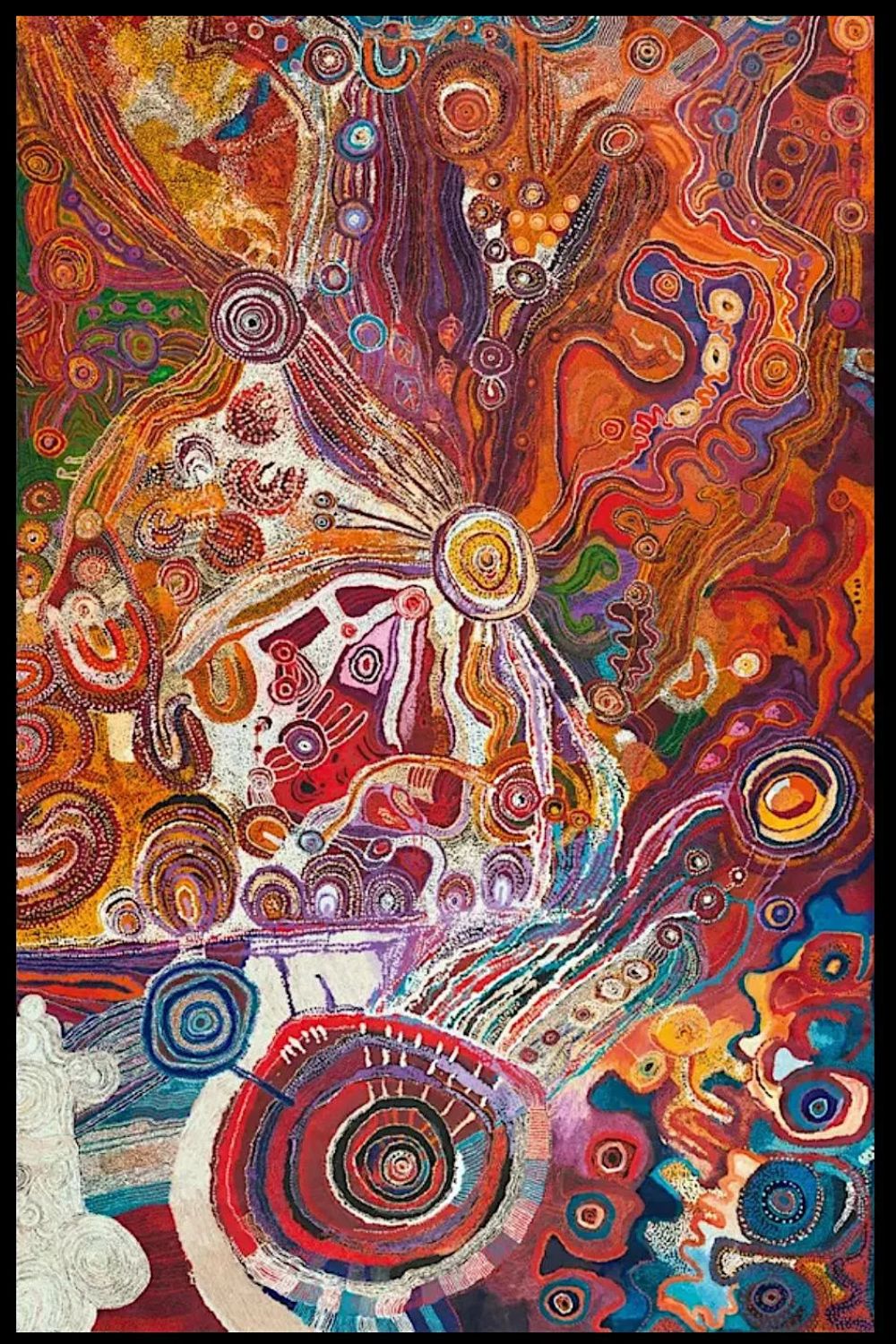 APY Lands Aboriginal painting featuring vibrant colours, flowing ancestral pathways, concentric circles, and Dreaming imagery associated with the Seven Sisters story