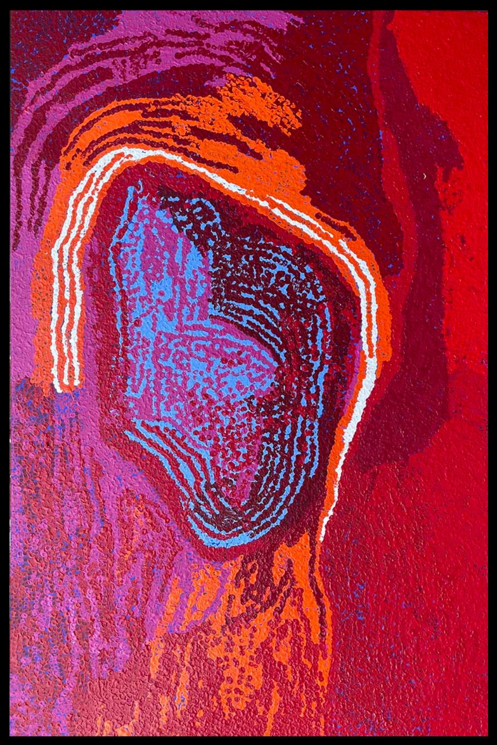 Ngaanyatjarra Aboriginal painting featuring luminous reds, purples, blues, and flowing forms representing ancestral Country in the Western Desert