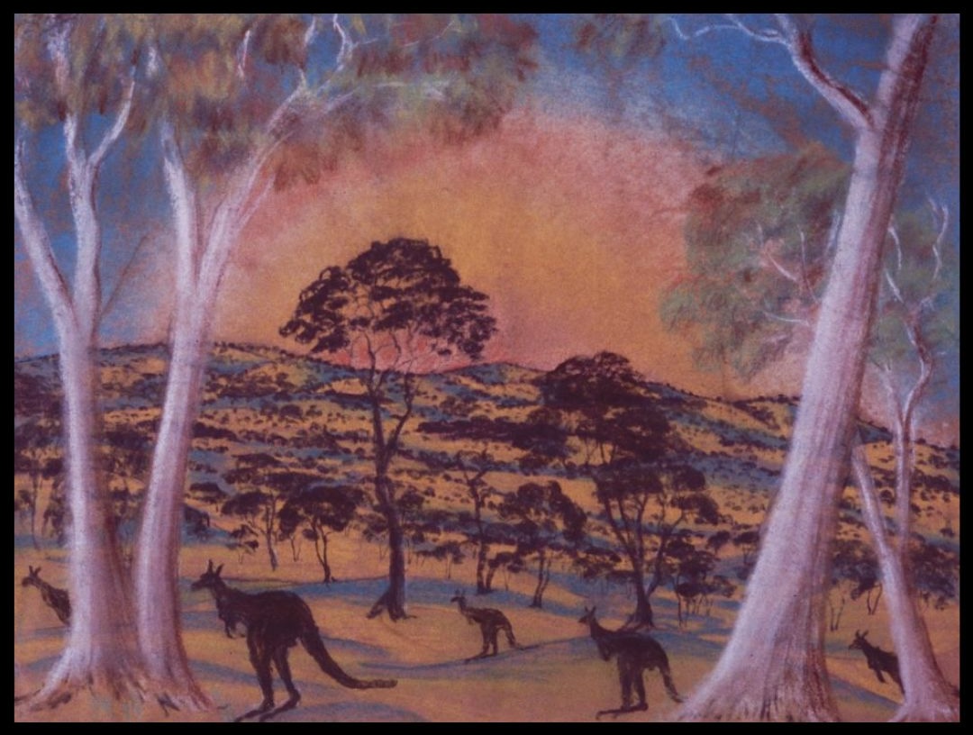 Landscape drawing by Parnell Dempster depicting kangaroos among eucalyptus trees at sunset in Noongar Country.