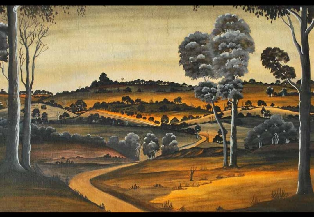 Landscape painting by Reynold Hart showing rolling hills, winding roads, and eucalyptus trees in south-west Western Australia.