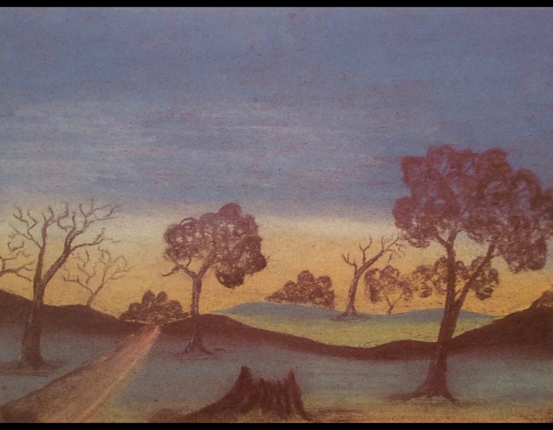Landscape drawing by Claude Kelly showing trees and rolling hills at dusk in Noongar Country, Western Australia.