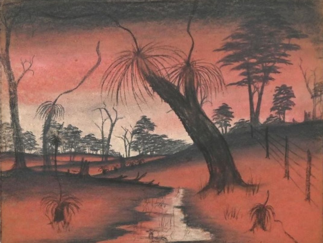Carrolup Art landscape drawing showing a creek, bushland, and silhouetted trees at sunset in Noongar Country.