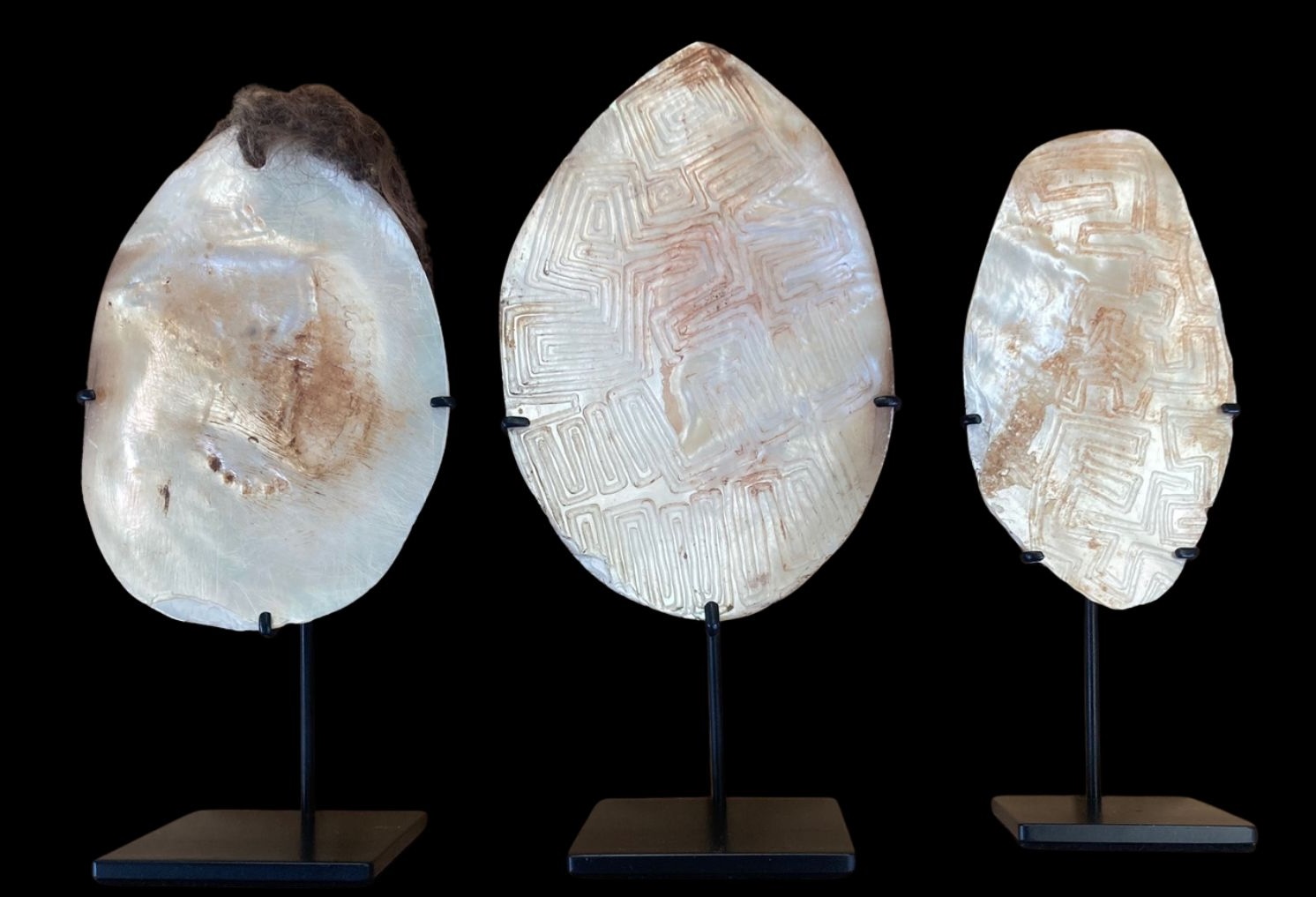 Three aboriginal Pearl shell adornments Port keats sawfish bark painting