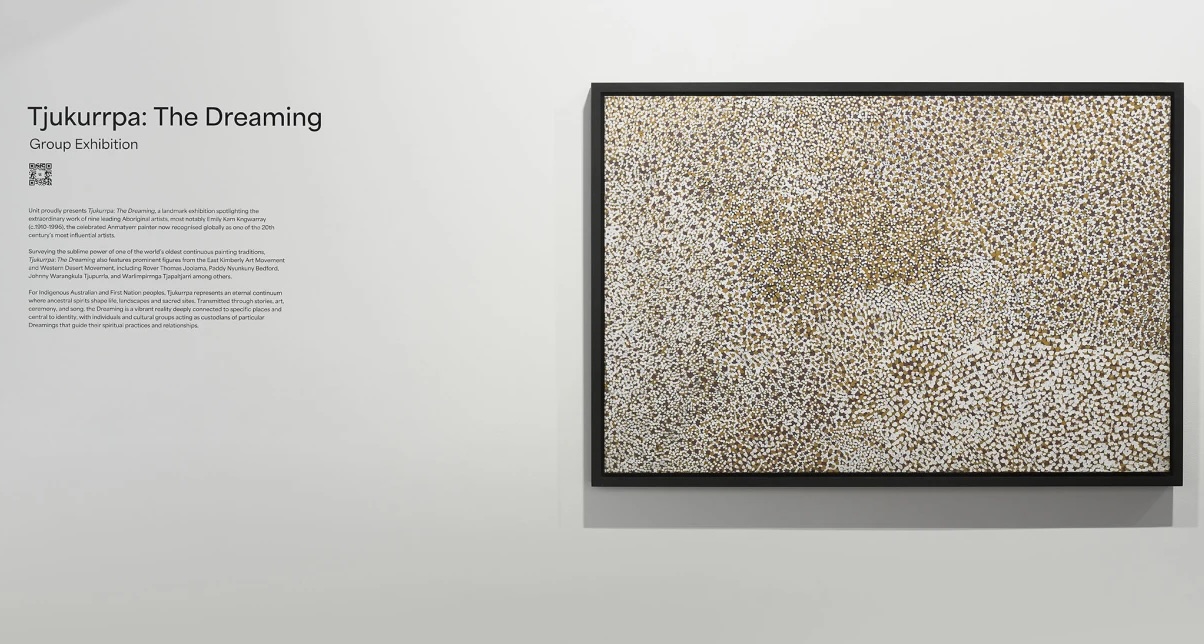 Aboriginal artwork displayed in a gallery exhibition representing the international recognition of contemporary Aboriginal art.