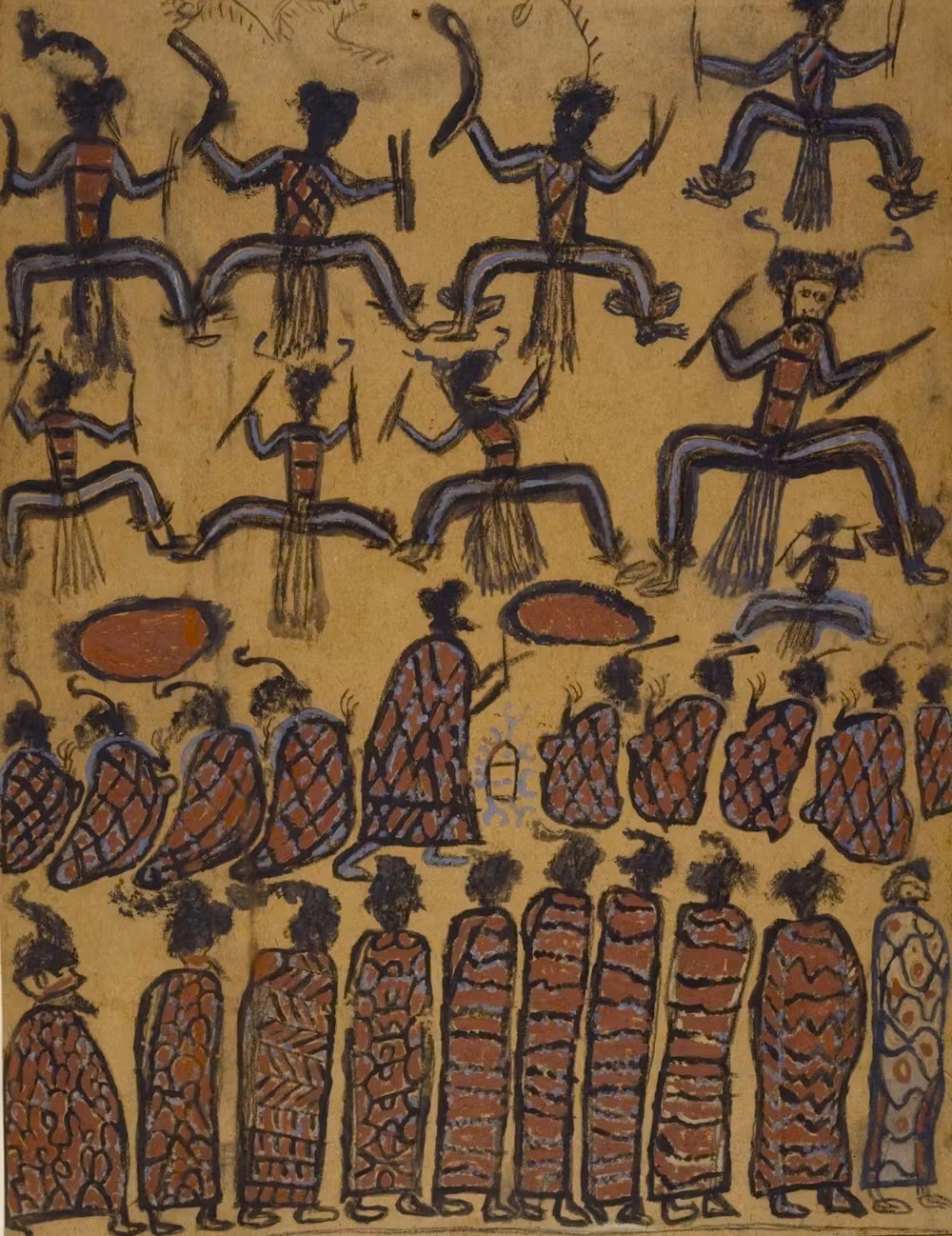 Watercolour painting by William Barak depicting a ceremonial corroboree with dancers, singers, and spectators gathered in south-eastern Australia.