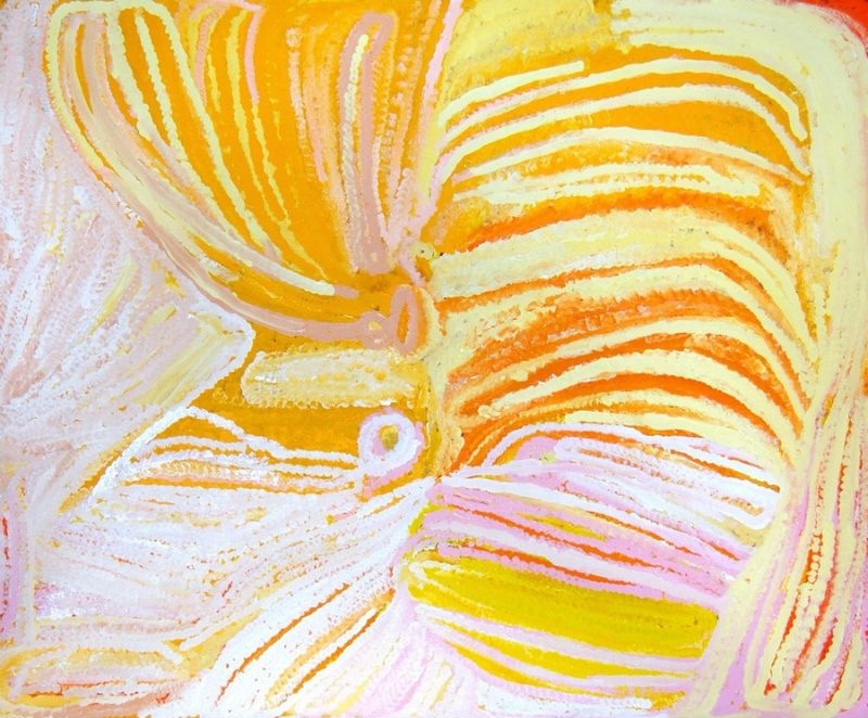 Midjul by Eubena Nampitjin featuring sweeping bands of yellow, orange, cream and soft pink radiating around rockholes, painted in her expressive late Balgo style.