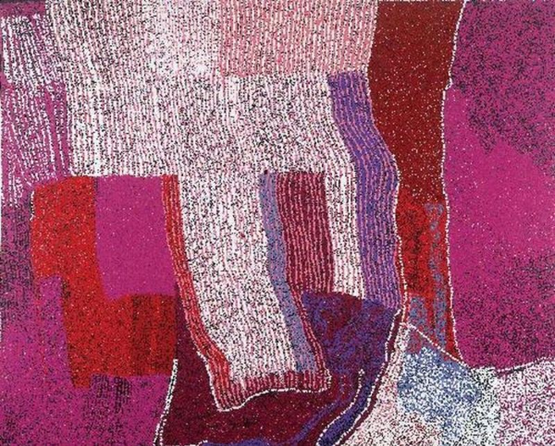 Waltitjatta (2006) by Tommy Watson, synthetic polymer paint on linen featuring luminous fields of magenta, crimson, violet and white with flowing vertical dotted forms representing the artist's ancestral Country.