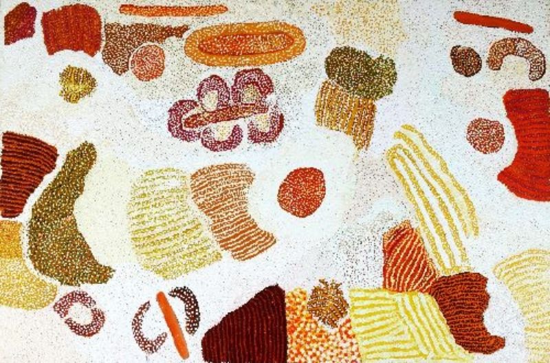 Parwalla (2000) by Elizabeth Nyumi, synthetic polymer paint on Belgian linen depicting the sandhills, bush foods and spinifex plains of Parwalla in the Great Sandy Desert.