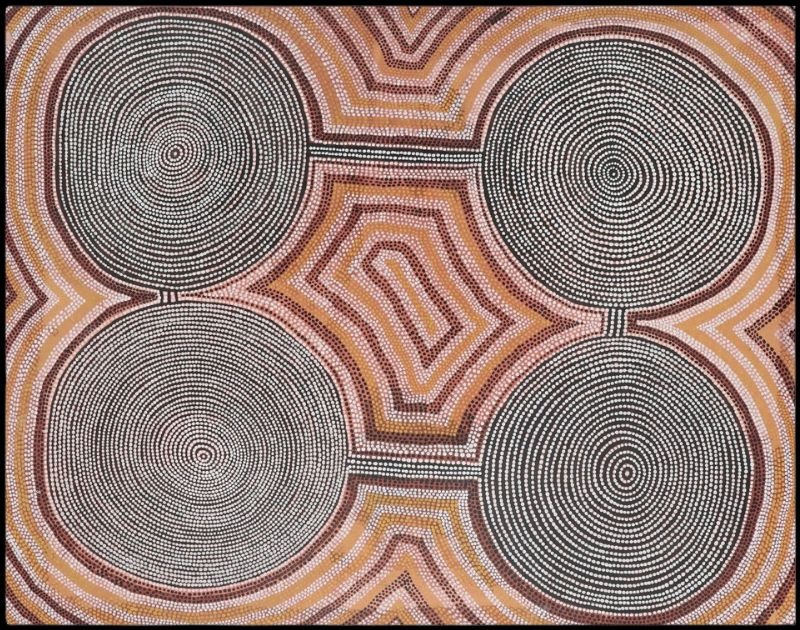 George Tjungurrayi Numinya 1977 Papunya Tula painting with four concentric circles connected by geometric pathways