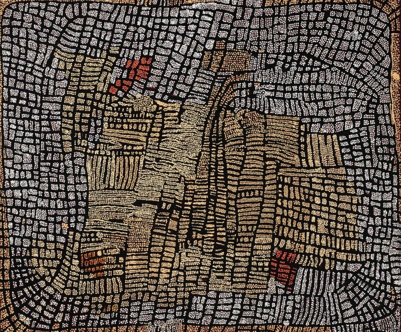 Naata Nungurrayi painting Untitled (2002), featuring a dense network of cream dotted pathways and striped ceremonial forms on a black background in a complex geometric Western Desert composition.
