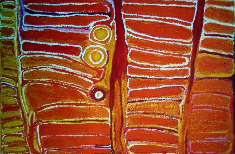 Untitled painting by Eubena Nampitjin, 1999 acrylic on linen depicting Country in the Great Sandy Desert.