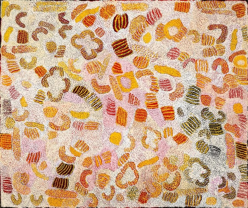Parwalla (2003) by Elizabeth Nyumi, synthetic polymer paint on linen in white, cream, pale pink, ochre, yellow, orange, red, burgundy, brown, grey and black depicting the sandhills, spinifex and bush food Country of Parwalla in the Great Sandy Desert.