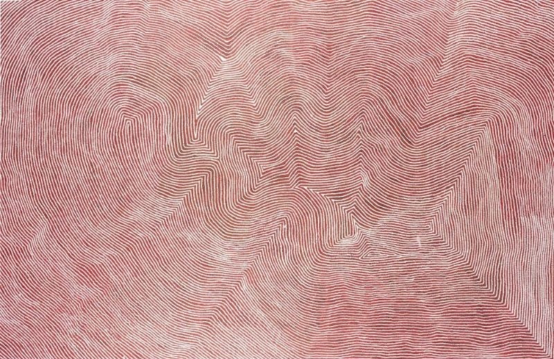 Grandfather's Country by Warlimpirrnga Tjapaltjarri, 2017. A monumental abstract Aboriginal painting in soft pink, dusty rose, pale terracotta and cream. Thousands of extremely fine parallel lines flow continuously across the vast canvas, weaving through broad curves, gentle folds, zigzags and angular pathways. The delicate colour transitions create a luminous, almost atmospheric surface, while the intricate linework resembles an aerial view of rolling desert sandhills and ancestral pathways stretching across Country.