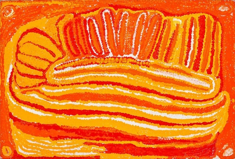 Nilla by Eubena Nampitjin, 1996 acrylic painting depicting a well near the Canning Stock Route in the Great Sandy Desert.