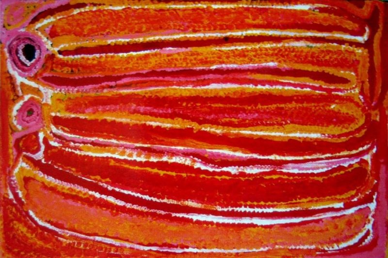 Maniboro by Eubena Nampitjin, 1999 acrylic painting depicting sand dunes and waterholes in the Great Sandy Desert.