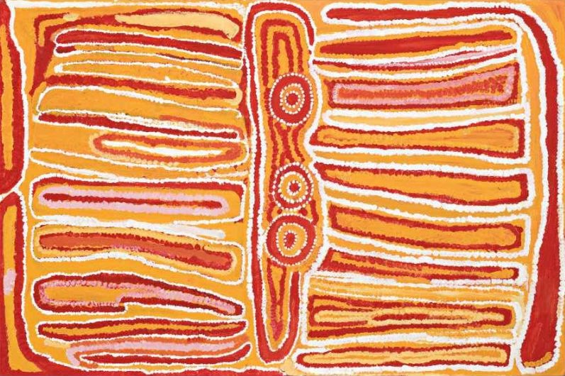 Ceremonial Place by Eubena Nampitjin, 1997 acrylic painting from Balgo, Western Australia.