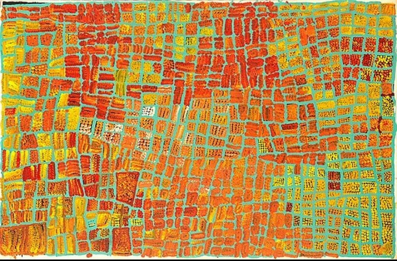 Naata Nungurrayi painting Marrapinti (2002), featuring an intricate network of turquoise pathways enclosing vibrant orange, red and yellow dotted ceremonial forms across a large abstract composition.