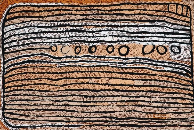 Women at Marrapinti Rockhole (1999) by Naata Nungurrayi, depicting the sacred women's site of Marrapinti through abstract rockholes, sandhills and ceremonial pathways.