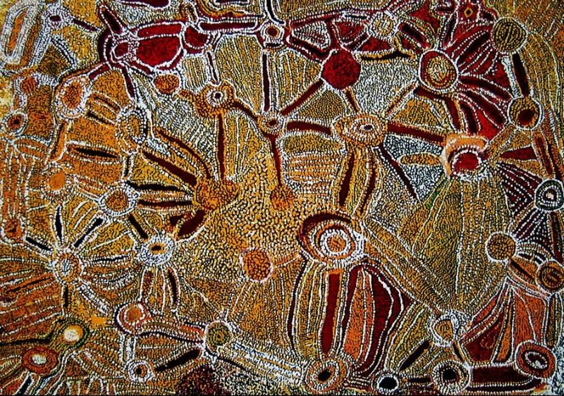 Tingarri Women at Kanaputta (1990) by Eubena Nampitjin depicting women's Tingarri ceremonial sites connected by ancestral travelling routes.