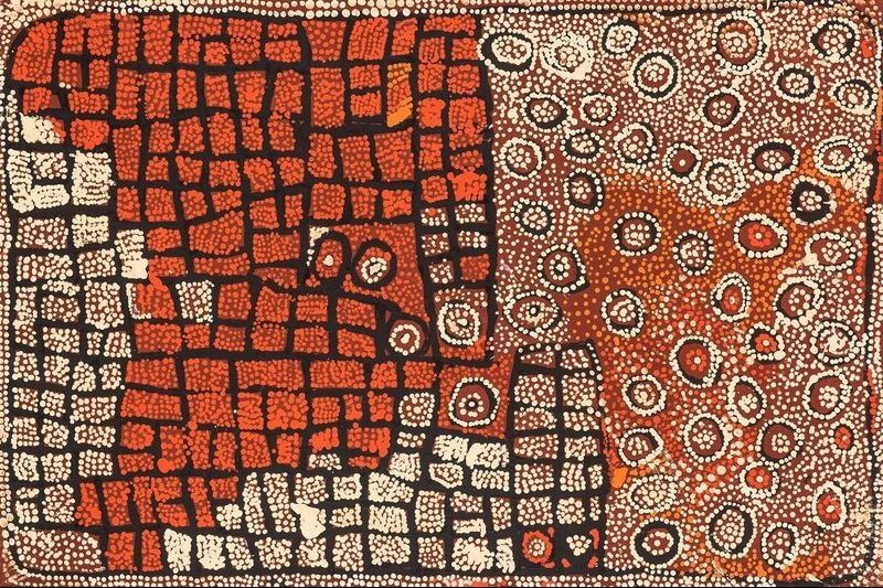 Naata Nungurrayi painting Untitled (Marrapinti) (2005), combining a geometric network of red sandhill forms with clusters of concentric ceremonial motifs in cream, ochre and brown.