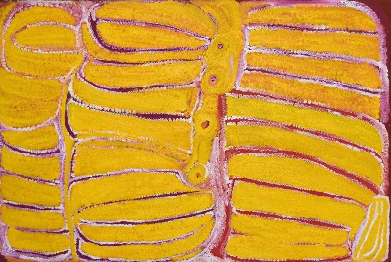 Mindiki by Eubena Nampitjin showing radiant yellow sandhill forms, central soakwaters and mauve and white dotted contours in the Balgo painting style.