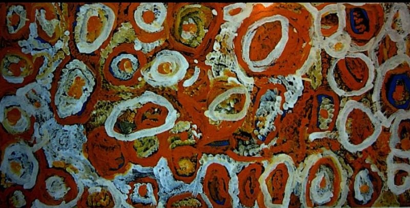 Women's Ceremonies at Kaakuratintja (Lake MacDonald) by Makinti Napanangka, 1996, synthetic polymer paint on linen, 89.5 × 45.5 cm.