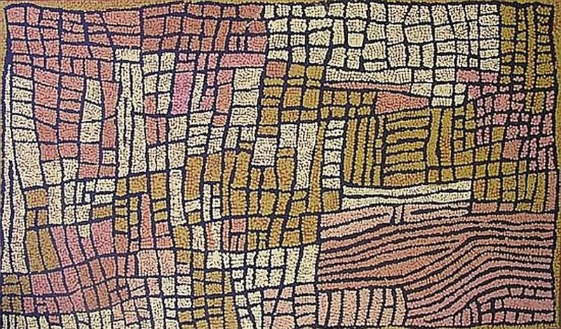 Naata Nungurrayi painting Untitled (2004), featuring an intricate network of cream, pink and ochre dotted ceremonial pathways with striped sandhill motifs on a black ground.