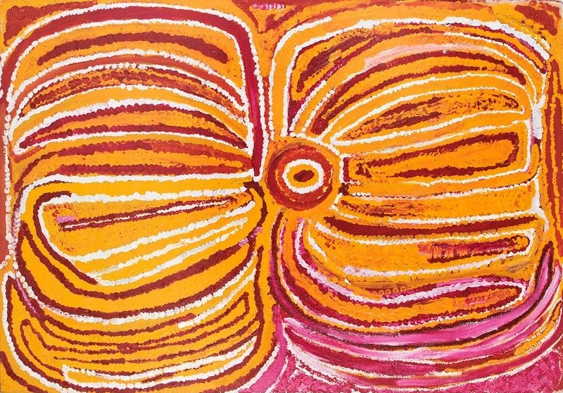 Tilla Rockhole, Near the Canning Stock Route by Eubena Nampitjin, 1997 acrylic painting on Belgian linen from Balgo, Western Australia.