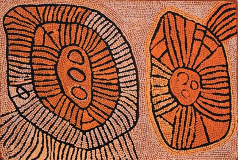 Untitled (1999) by Naata Nungurrayi, synthetic polymer paint on Belgian linen depicting the ceremonial landscape of Pintupi Country through flowing abstract forms and finely applied dotting.