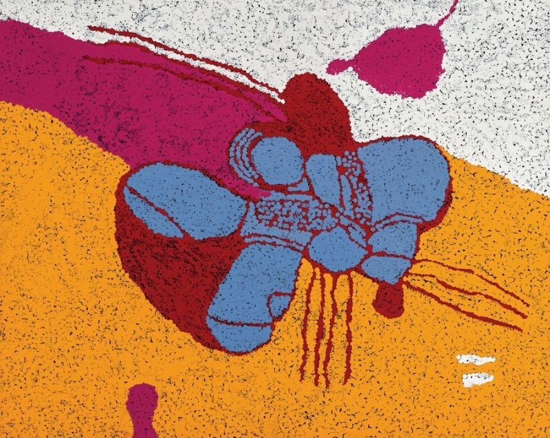 Kata Tjuta (The Olgas) (2012) by Tommy Watson, synthetic polymer paint on Belgian linen featuring bold ochre, magenta, white and blue abstract forms representing the sacred domes of Kata Tjuta.