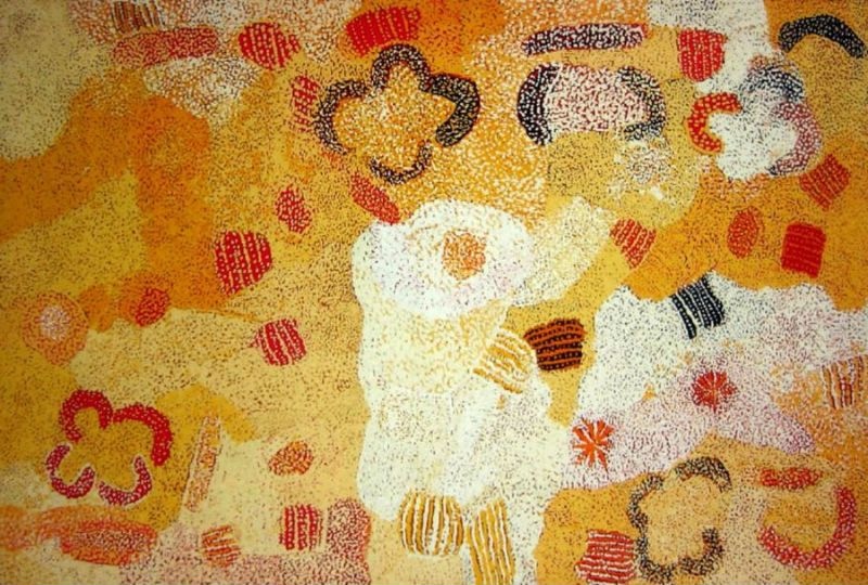 Parwalla (2002) by Elizabeth Nyumi, synthetic polymer paint on linen in white, cream, pale ochre, gold, yellow, orange, red, pink, mauve and black depicting the sandhills, spinifex and bush food Country of Parwalla in the Great Sandy Desert.
