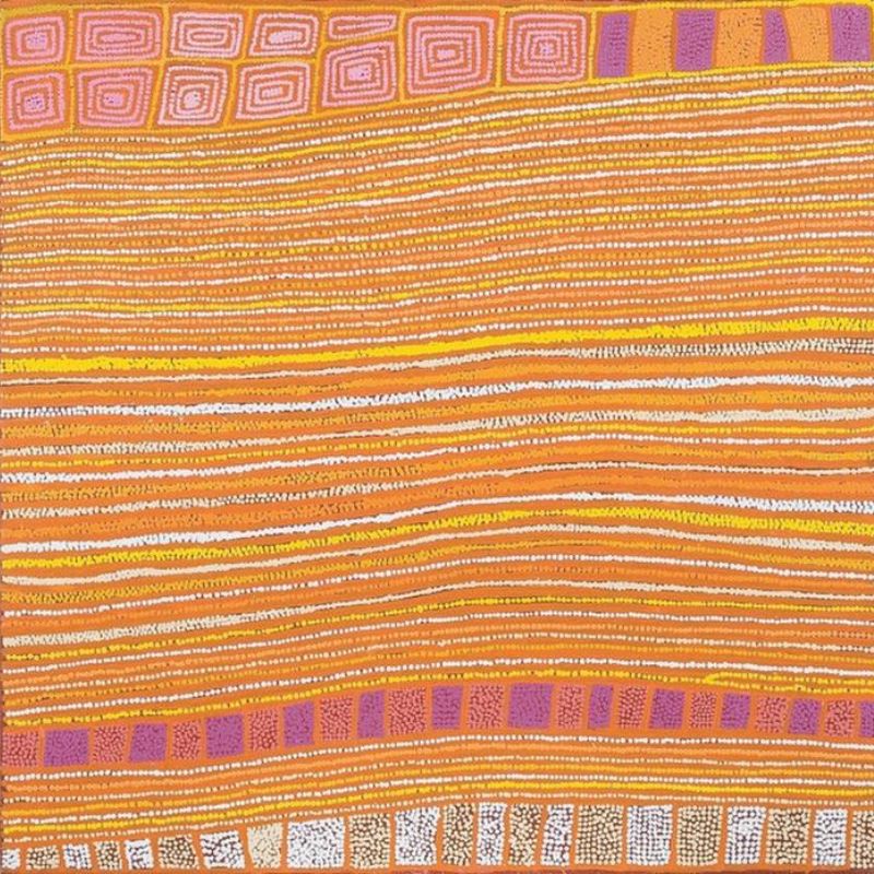 A square Aboriginal painting in luminous desert colours of golden yellow, burnt orange, ochre, cream, white and soft lilac. The centre is filled with dozens of fine horizontal dotted lines flowing gently from left to right, creating the appearance of rippling sand dunes or contour lines stretching across the landscape. Along the top and bottom edges, bands of geometric motifs frame the composition, including concentric rectangular designs, alternating blocks of lilac and ochre, and rows of white dotted rectangles. Every line is built from thousands of tiny dots, producing a shimmering optical surface. The restrained geometry and flowing horizontal rhythms create a peaceful, expansive impression of the Western Desert viewed from above.