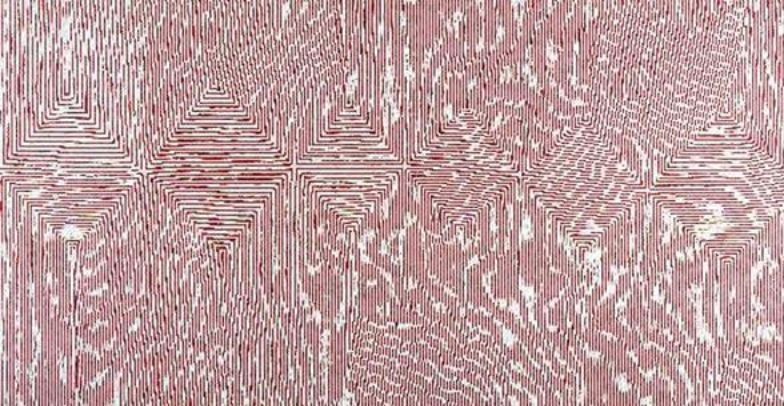 George Tjungurrayi Yam Dreaming 1999 Papunya Tula painting with fine reddish-brown parallel lines and white dotted overlays forming geometric Tingari sites