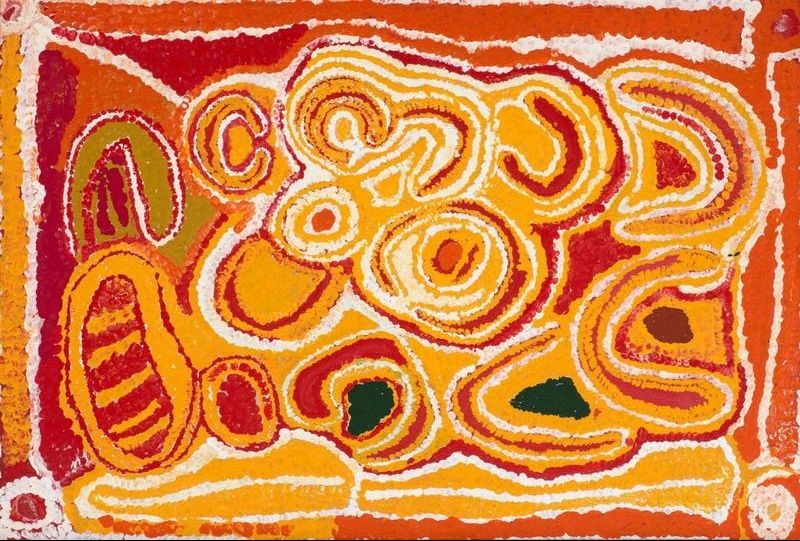 Artist's Country (Wandaili Bore) by Eubena Nampitjin, 1995 acrylic painting from Balgo, Western Australia.