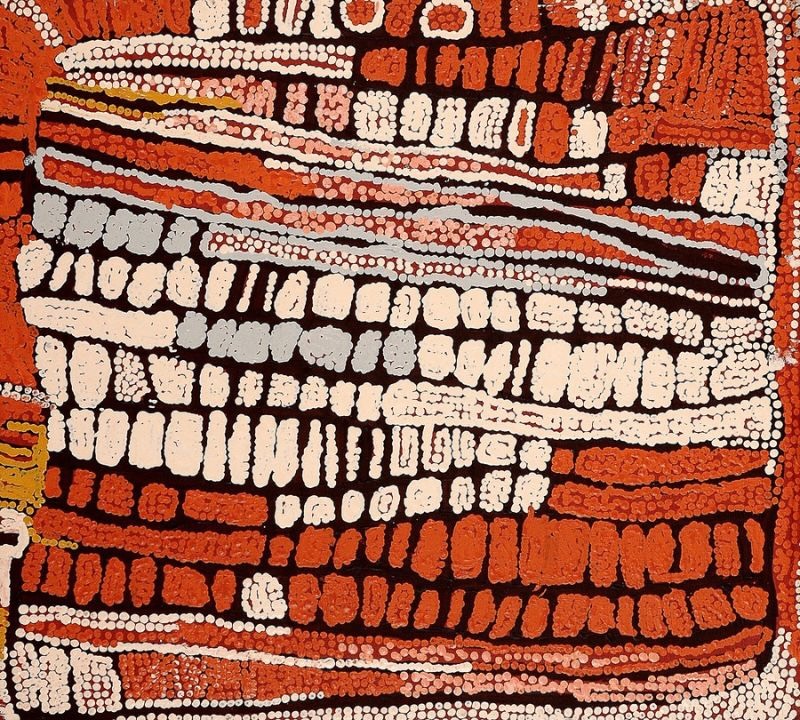 Marrapinti (1998) by Naata Nungurrayi, acrylic on canvas depicting the sacred women's site of Marrapinti through flowing abstract forms and delicate dotting.