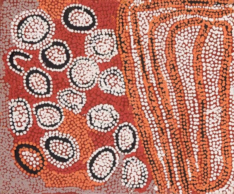 Untitled (1998) by Naata Nungurrayi, synthetic polymer paint on linen depicting the ceremonial landscape of Pintupi Country through flowing abstract forms and delicate dotting.