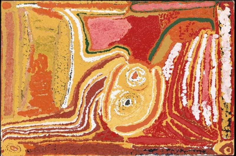 Kun Kun, Canning Stock Route in the Great Sandy Desert by Eubena Nampitjin, 1995 acrylic painting from Balgo, Western Australia.