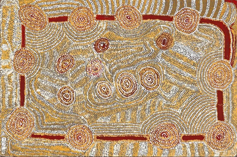 Tinku Rockhole (1990) by Eubena Nampitjin depicting a chain of waterholes, rocky ridges and Tingari Dreaming pathways in the Great Sandy Desert.