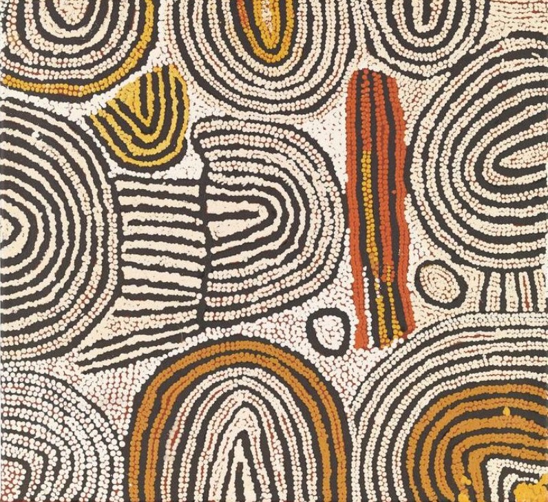 Naata Nungurrayi painting Ngaminya (2000), depicting sweeping concentric sandhill formations in white, black, ochre and rust surrounding a central ceremonial feature associated with the Ngaminya site.