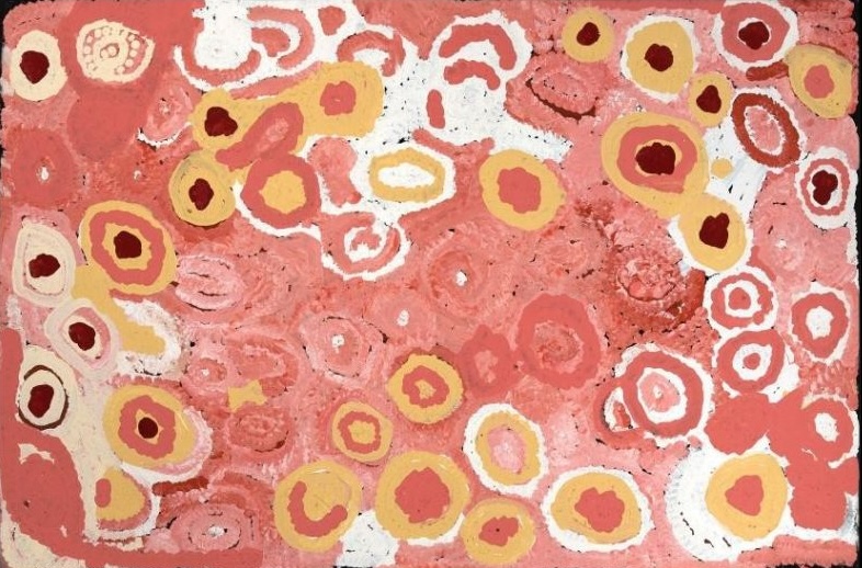 Naata Nungurrayi painting Marrapinti (2001), featuring soft pink, salmon, ochre and white concentric forms representing ceremonial sites associated with Marrapinti in Pintupi Country.