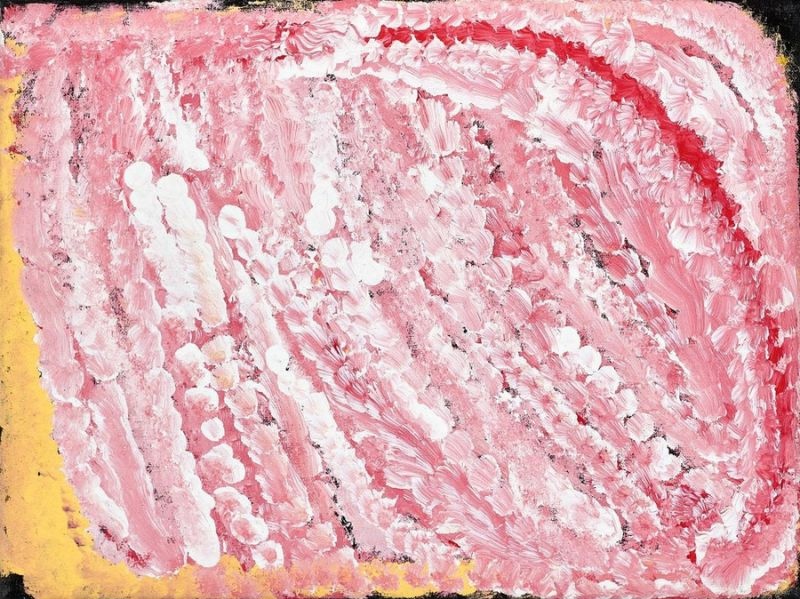 Small Kinyu painting by Eubena Nampitjin featuring expressive pink, white and crimson brushstrokes depicting sandhills around the Kinyu soakwater in her late Balgo style.