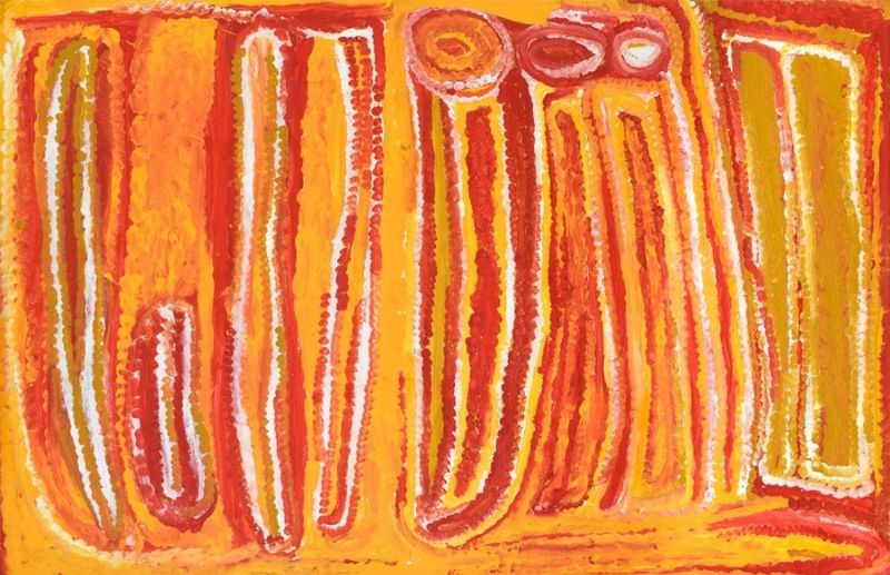 Artist's Country Near Kunawarritji by Eubena Nampitjin, 1998 acrylic painting depicting sandhills near Well 33 on the Canning Stock Route.