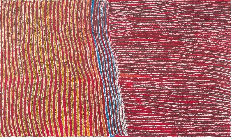 Anumarapiti (2006) by Tommy Watson, synthetic polymer paint on linen featuring rhythmic vertical and horizontal bands of crimson, pink, white, blue and yellow dots in an abstract depiction of ancestral Country.