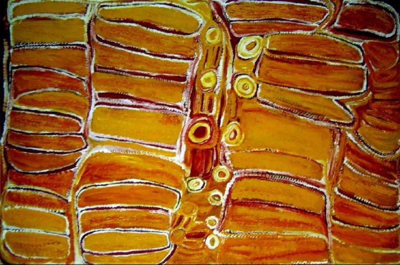 Kinyu by Eubena Nampitjin showing golden ochre and orange sandhill bands, linked rockholes and white dotted contours in the Balgo painting style.