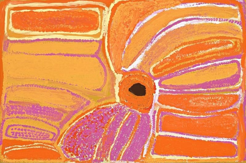 Tjirti by Eubena Nampitjin showing a central dark rockhole surrounded by orange, ochre and mauve sandhill forms with white dotted contours in the Balgo style.