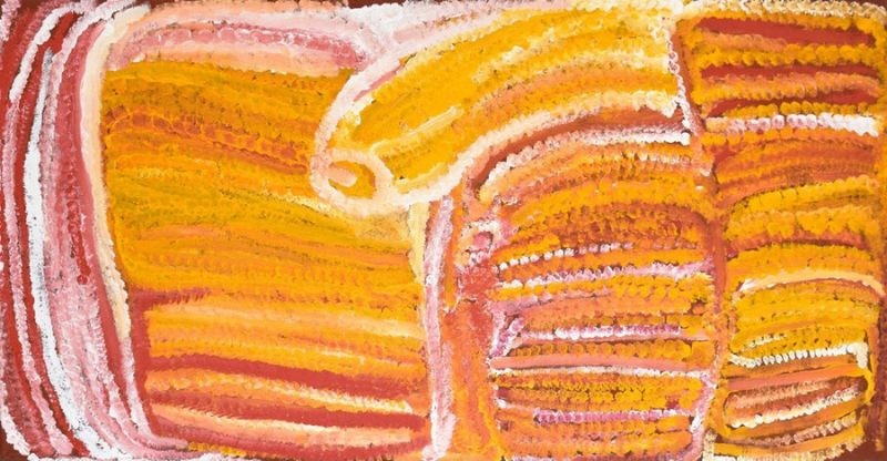 Midjul by Eubena Nampitjin depicting sweeping orange, ochre, cream and pink sandhills surrounding the Midjul soakwater in an expressive late Balgo style.