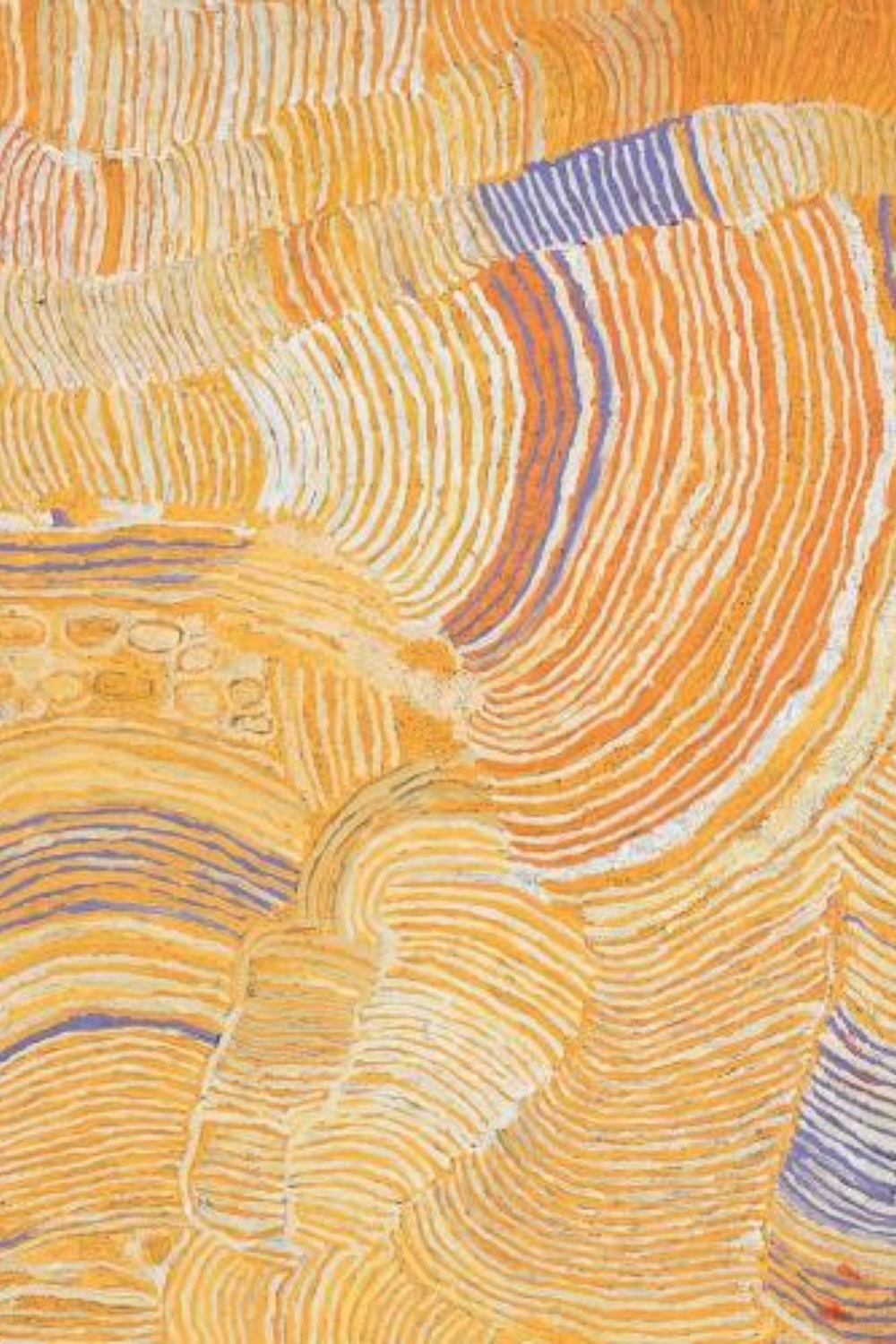 Rocks at Lupulnga (2000) by Makinti Napanangka, featuring flowing bands of yellow, orange, white and violet inspired by Pintupi women's ceremony near Lake MacDonald.