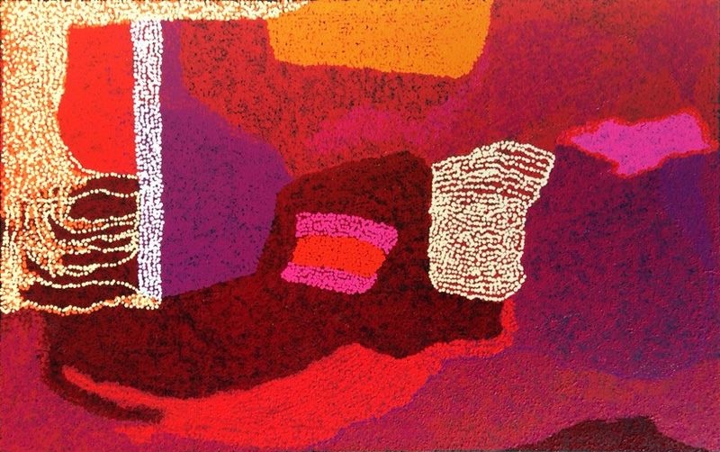Wipu (2015) by Tommy Watson, acrylic on Belgian linen with rich crimson, burgundy and violet colour fields accented by white, pink and orange dotted forms representing ancestral Country.