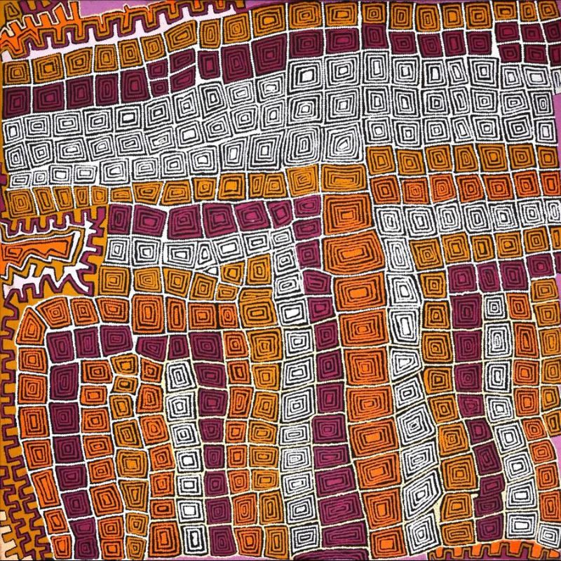 A square Aboriginal painting in rich desert colours of deep plum, burnt orange, golden ochre, cream, white and soft lilac. The composition is built from hundreds of small concentric rectangular motifs arranged in broad blocks that curve and interlock across the canvas like an aerial map of connected ceremonial grounds. Wide bands of white rectangles contrast with neighbouring fields of orange and plum, while narrow borders of stepped geometric patterns frame the larger forms. Every rectangle is outlined with thousands of tiny hand-painted dots, creating a dense shimmering surface. The repeating geometry gives the painting a strong sense of order and movement, while the warm colours evoke the light and landscape of the Western Desert.