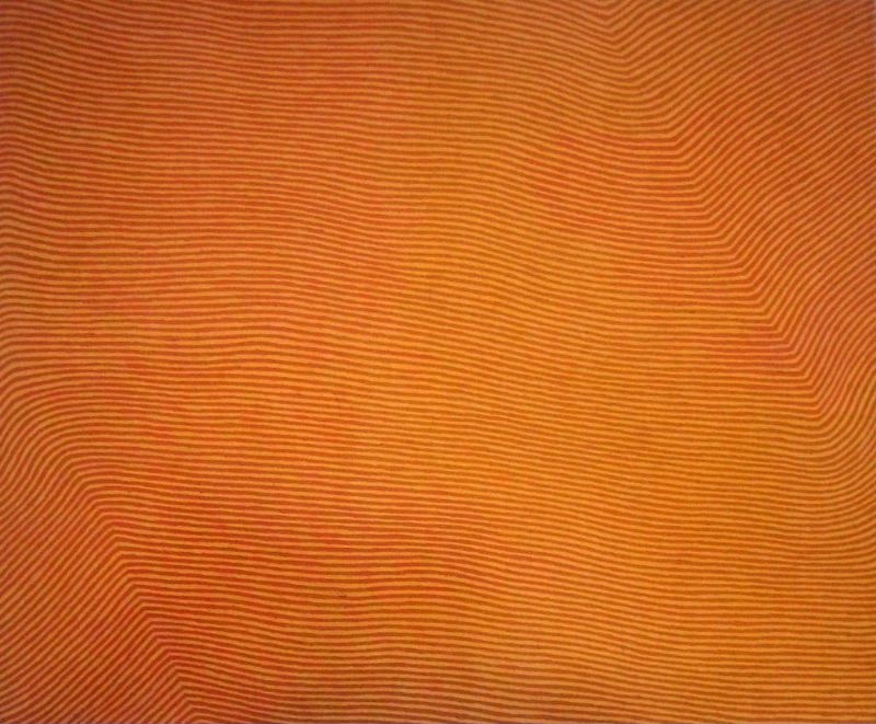 George Tjungurrayi Paykapungkunya 1997 Papunya Tula painting with fine reddish-brown parallel lines flowing across a vivid orange background
